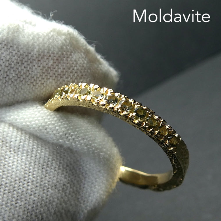 Moldavite Ring with 15 Faceted Rounds, Gold Plated 925 Silver, r1g