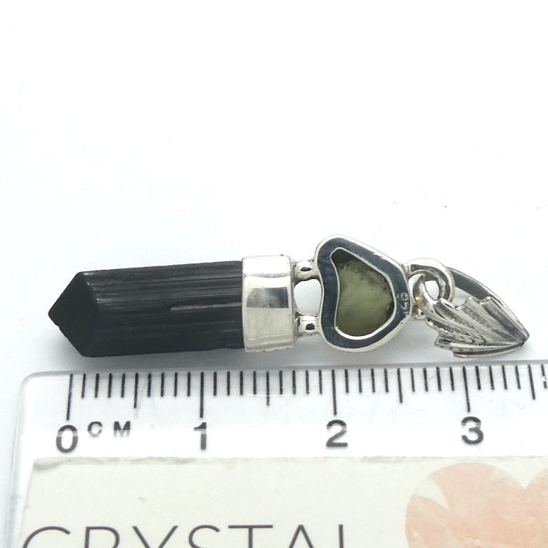 Moldavite over Black Tourmaline Pendant | Raw Stones | Clean Tourmaline Crystal, polished point only | 925 Sterling Silver Cap | Empowers and unblocks the physical | protection from negative energies | Genuine Gems from Crystal Heart Melbourne Australia since 1986 