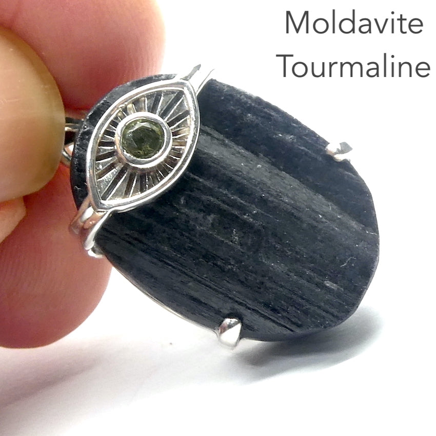 Moldavite over Black Tourmaline Pendant | Set in Eye with rays of Rising Sun |  925 Sterling Silver | Transformation, Rebirth, Protection and empowerment |Genuine Gems from Crystal Heart Melbourne Australia since 1986 