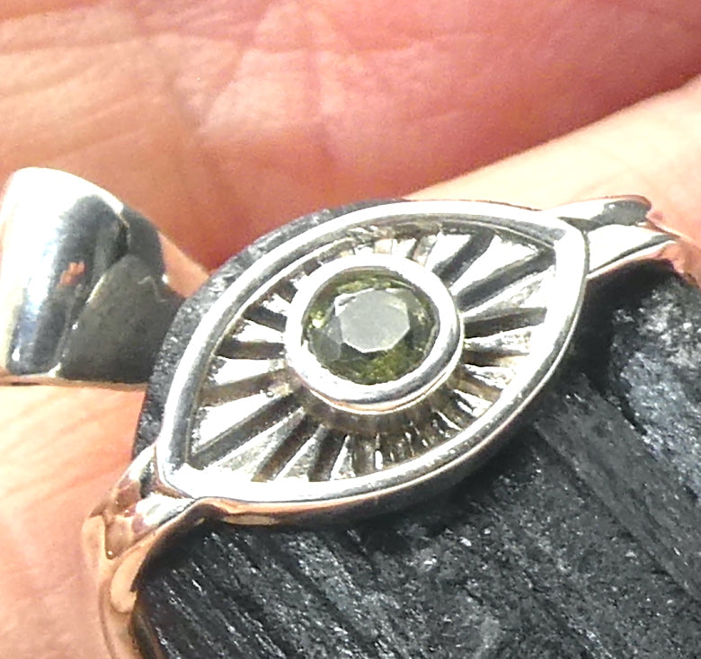 Moldavite over Black Tourmaline Pendant | Set in Eye with rays of Rising Sun |  925 Sterling Silver | Transformation, Rebirth, Protection and empowerment |Genuine Gems from Crystal Heart Melbourne Australia since 1986 
