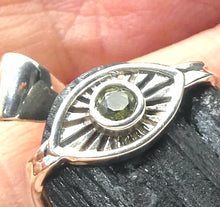 Load image into Gallery viewer, Moldavite over Black Tourmaline Pendant | Set in Eye with rays of Rising Sun |  925 Sterling Silver | Transformation, Rebirth, Protection and empowerment |Genuine Gems from Crystal Heart Melbourne Australia since 1986 