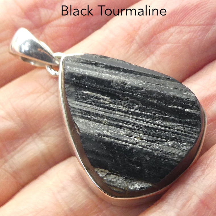Tourmaline Pendant, Black Raw Crystal, Teardrop, 925 Silver r2