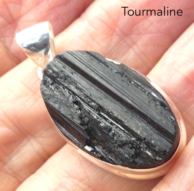 Tourmaline Pendant, Black Raw Crystal, Oval, 925 Silver r4
