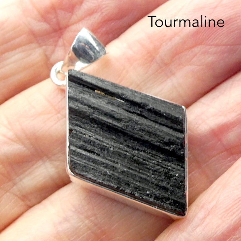 Black Tourmaline Pendant | Natural uncut raw crystal carved into a Diamond | Bezel set | Open Back | 925 Sterling Silver | Star Stone for Virgo Gemini Libra Taurus | Genuine Gems from Crystal Heart Melbourne Australia since 1986