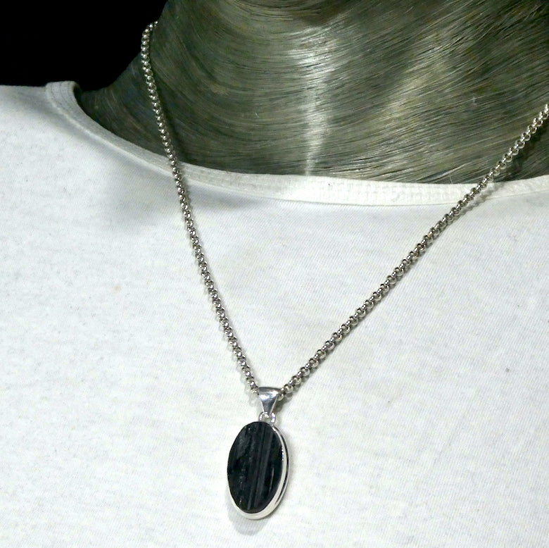 Black Tourmaline Pendant | Natural uncut raw crystal carved into an Oval | Bezel set | Open Back | 925 Sterling Silver | Star Stone for Virgo Gemini Libra Taurus | Genuine Gems from Crystal Heart Melbourne Australia since 1986
