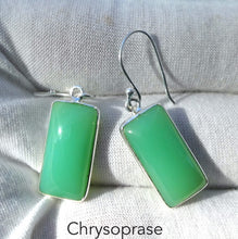 Load image into Gallery viewer, Chrysoprase Earrings | Long Oblong Cabochons | 925 Sterling Silver | Perfect Apple Green | Good Translucency | AKA Australian Jade | Empowering healer | Psychic Development | Genuine Gemstones from Crystal Heart Melbourne Australia since 1986