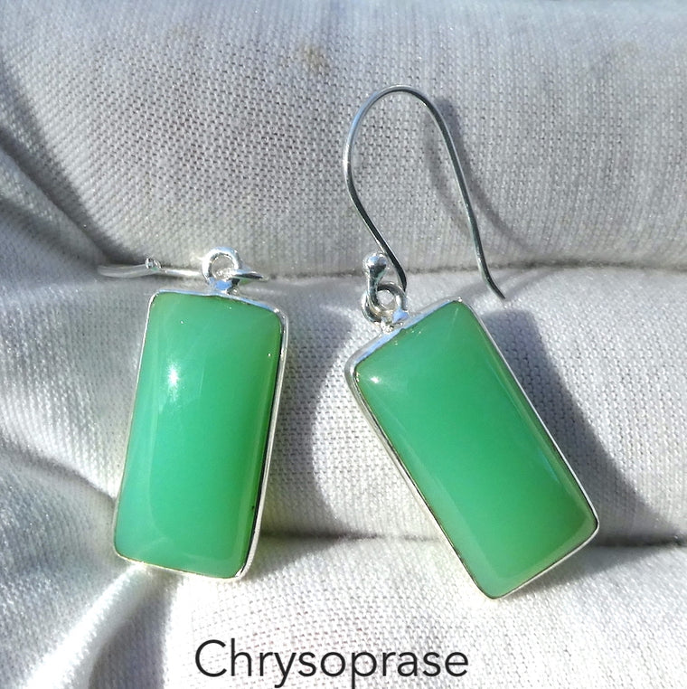 Chrysoprase Earrings, Long Oblong Cabochon, 925 Silver r4