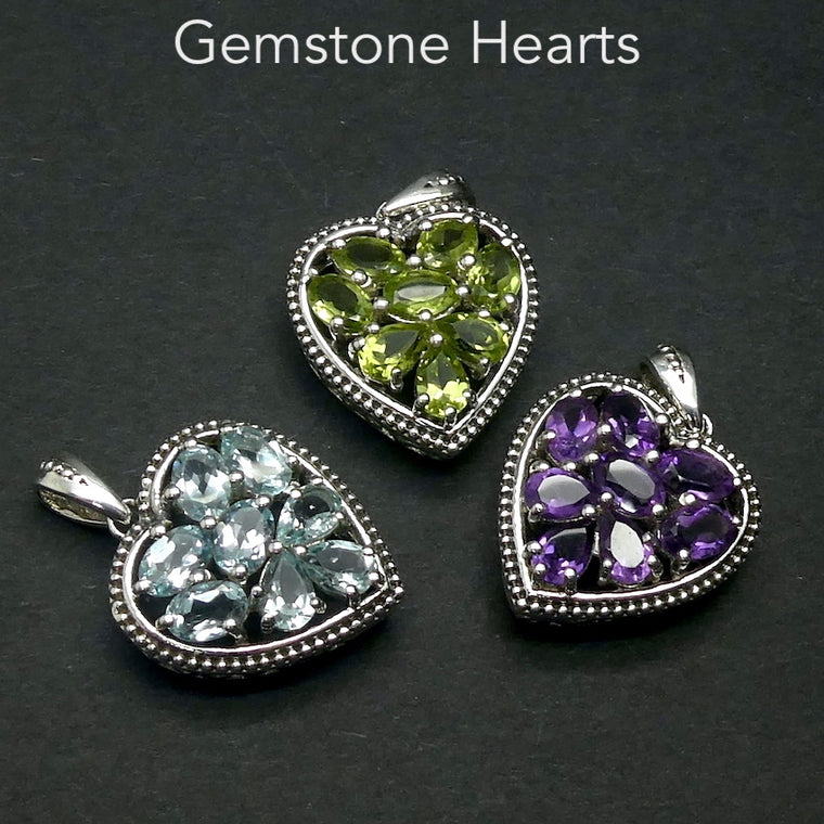 Gemstone Heart Pendants with 8 faceted stones, 925 Silver, r1