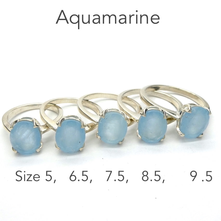 Aquamarine Ring | Faceted Oval | Dainty claw set solitaire | 925 Sterling Silver |  US Size 5, 6.5,  7.5, 8.5, 9.5 |  Emotional uplifts calm and strength | Genuine Gemstones from Crystal Heart Melbourne Australia since 1986