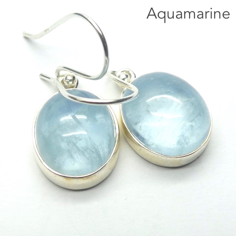 Aquamarine Earrings, Oval Cabochons, 925 Sterling Silver