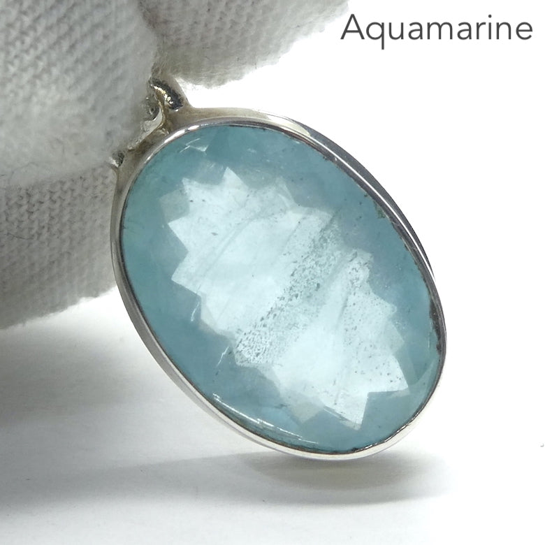 Aquamarine Gemstone Pendant | Faceted Oval | 925 Sterling Silver | Nice Blue with reasonable transparency | Bezel Set | Open Back | Peaceful emotional guidance and integration | Flow through obstacles | Genuine Gemstones from Crystal Heart Melbourne Australia since 1986