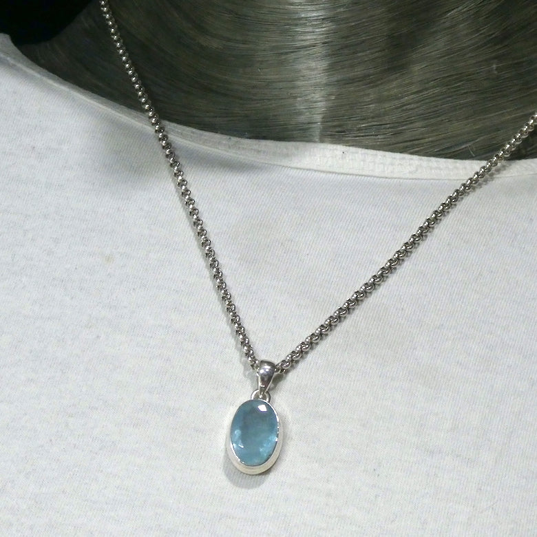 Aquamarine Gemstone Pendant | Faceted Oval | 925 Sterling Silver | Nice Blue with reasonable transparency | Bezel Set | Open Back | Peaceful emotional guidance and integration | Flow through obstacles | Genuine Gemstones from Crystal Heart Melbourne Australia since 1986