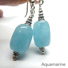 Load image into Gallery viewer, Aquamarine Earrings | 15 mm cylinder beads | Good Colour and Translucensy | Ethnic Silver Cap and Stylised Hooks | Genuine Gems from Crystal Heart Australia since 1986