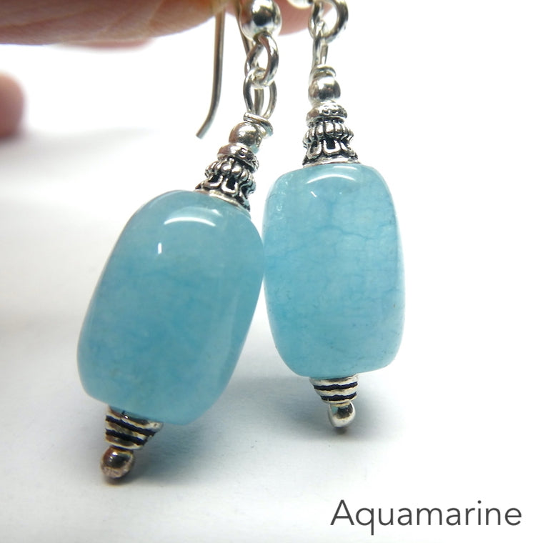 Aquamarine Earring, Cylinder Bead , 925 Sterling Silver
