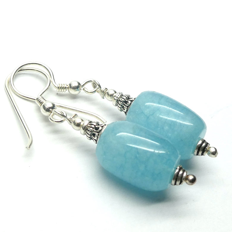 Aquamarine Earrings | 15 mm cylinder beads | Good Colour and Translucensy | Ethnic Silver Cap and Stylised Hooks | Genuine Gems from Crystal Heart Australia since 1986
