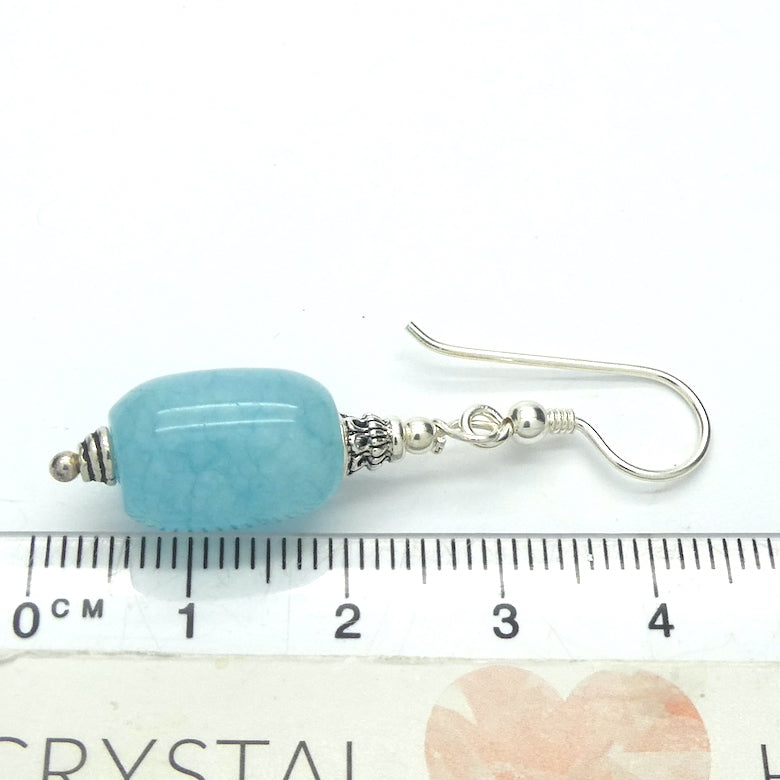 Aquamarine Earrings | 15 mm cylinder beads | Good Colour and Translucensy | Ethnic Silver Cap and Stylised Hooks | Genuine Gems from Crystal Heart Australia since 1986