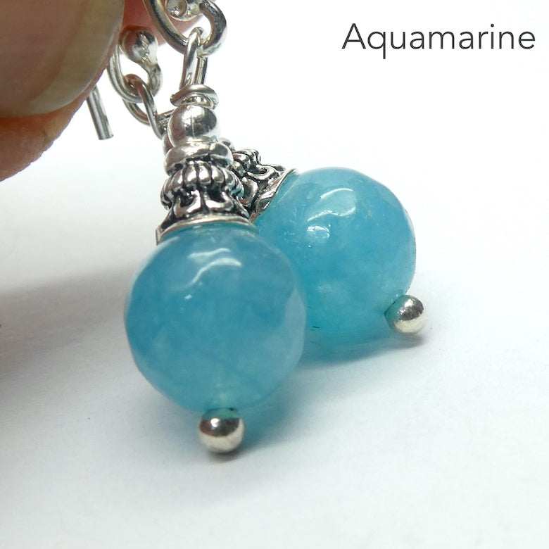 Aquamarine Earrings | 8 mm faceted  beads | Good Colour and Translucency | 925 Sterling Silver Findings | Ethnic Silver Cap | Genuine Gems from Crystal Heart Melbourne Australia since 1986
