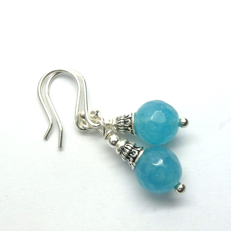Aquamarine Earrings | 8 mm faceted  beads | Good Colour and Translucency | 925 Sterling Silver Findings | Ethnic Silver Cap | Genuine Gems from Crystal Heart Melbourne Australia since 1986