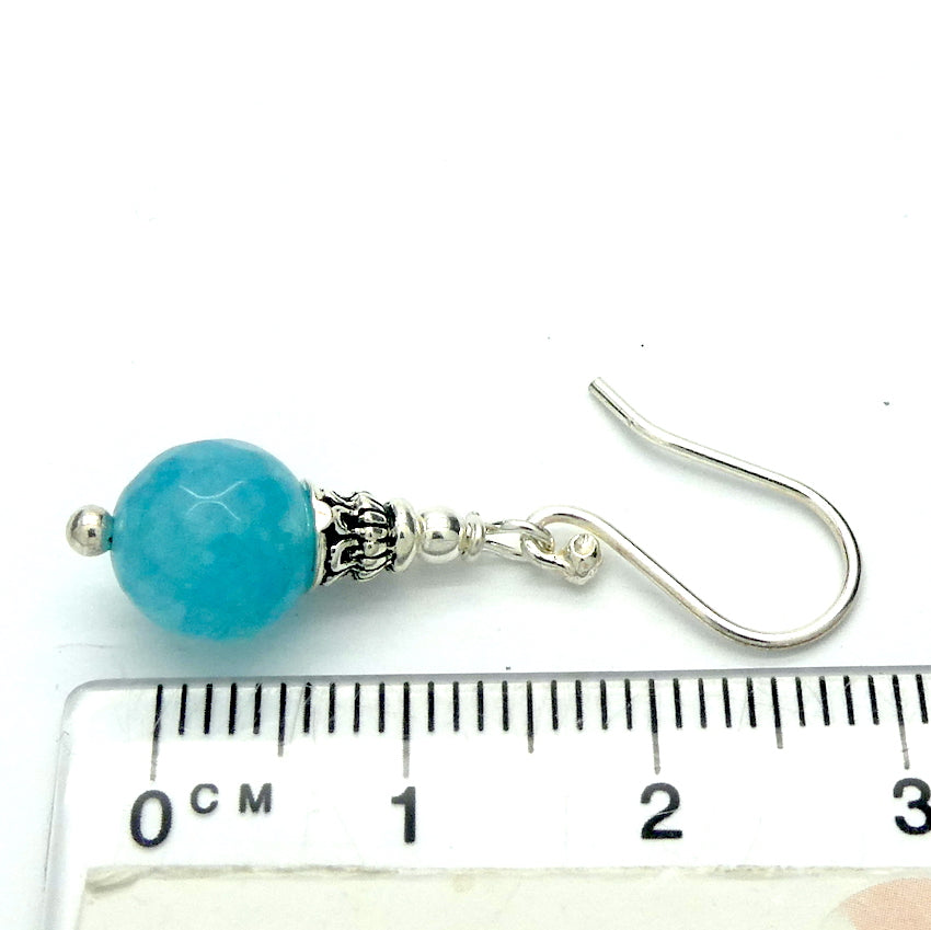 Aquamarine Earrings | 8 mm faceted  beads | Good Colour and Translucency | 925 Sterling Silver Findings | Ethnic Silver Cap | Genuine Gems from Crystal Heart Melbourne Australia since 1986