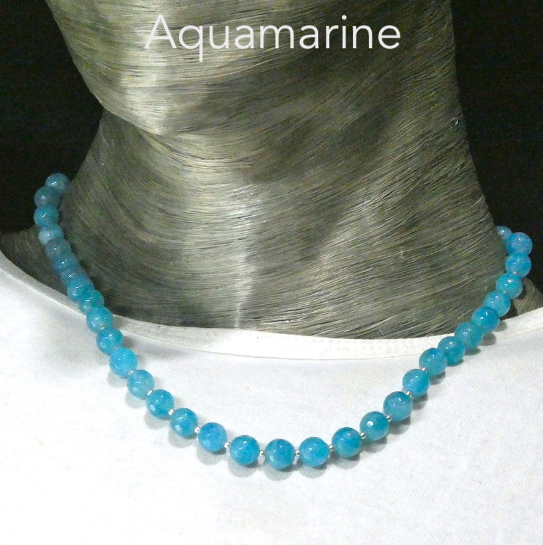 Aquamarine Necklace | 6.5 mm faceted round beads | Good Colour and Translucency | Silver Spacers | Genuine Gems from Crystal Heart Australia since 1986