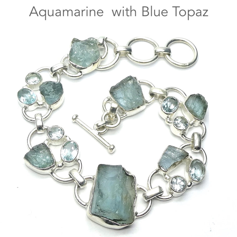 Aquamarine & Blue Topaz Bracelet, Faceted & Raw Gemstones, 925 Sterling Silver