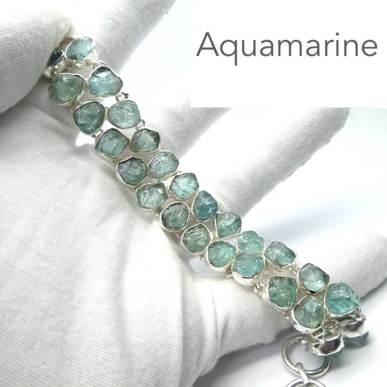 Aquamarine Bracelet, Raw Nuggets, Double Line, 925 Silver
