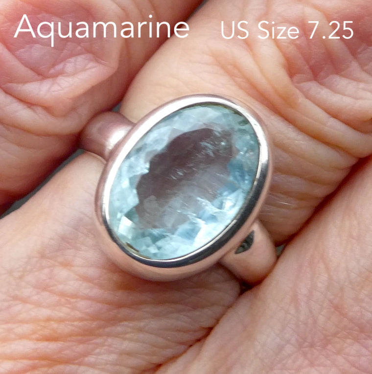 Aquamarine Ring, Large Faceted Oval, 925 Sterling Silver