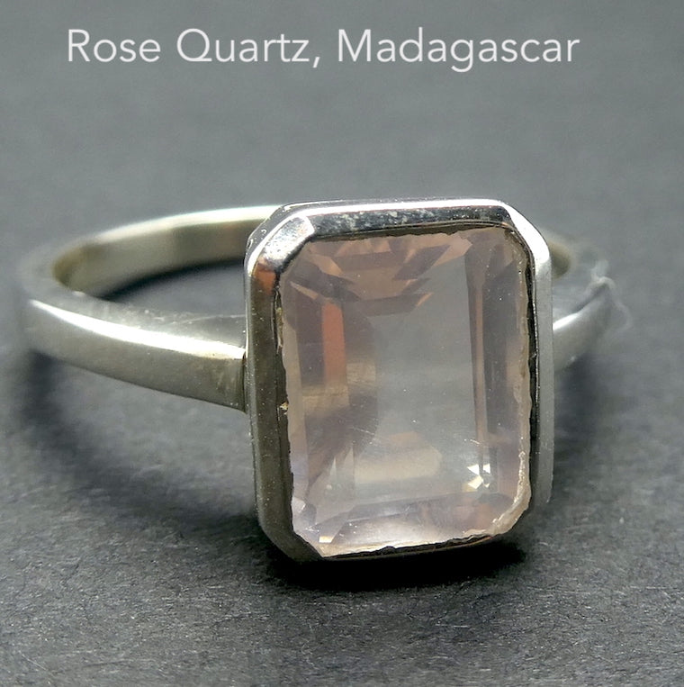 Rose Quartz Ring, AA Grade Emerald Cut, 925 Sterling Silver, s2