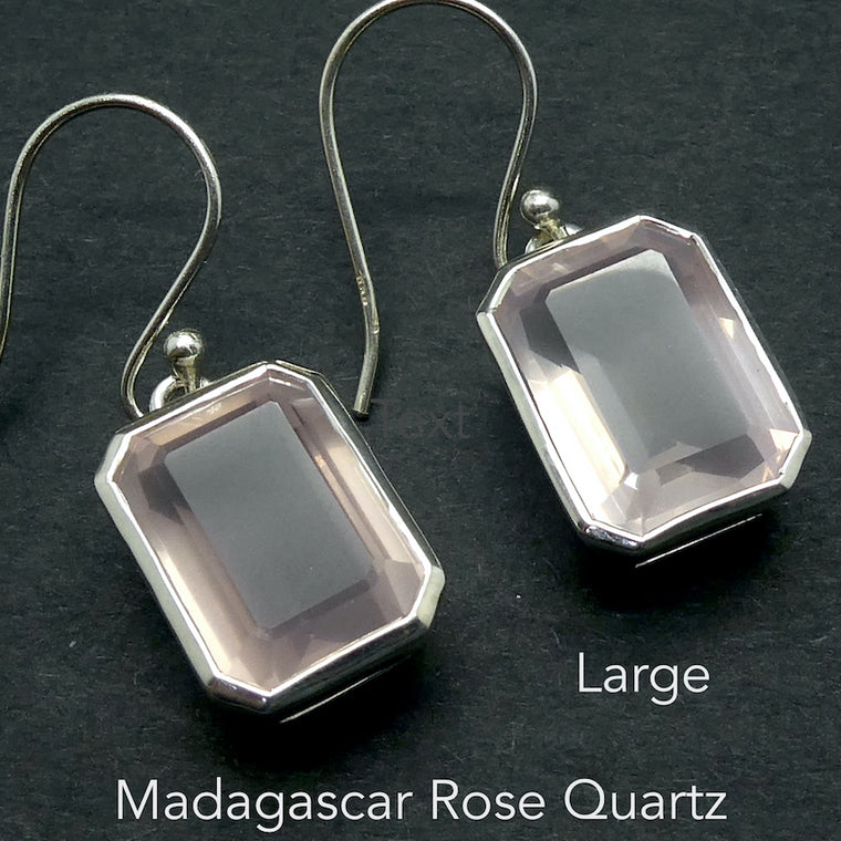 Rose Quartz Earrings, AA Grade Emerald Cut, 925 Sterling Silver