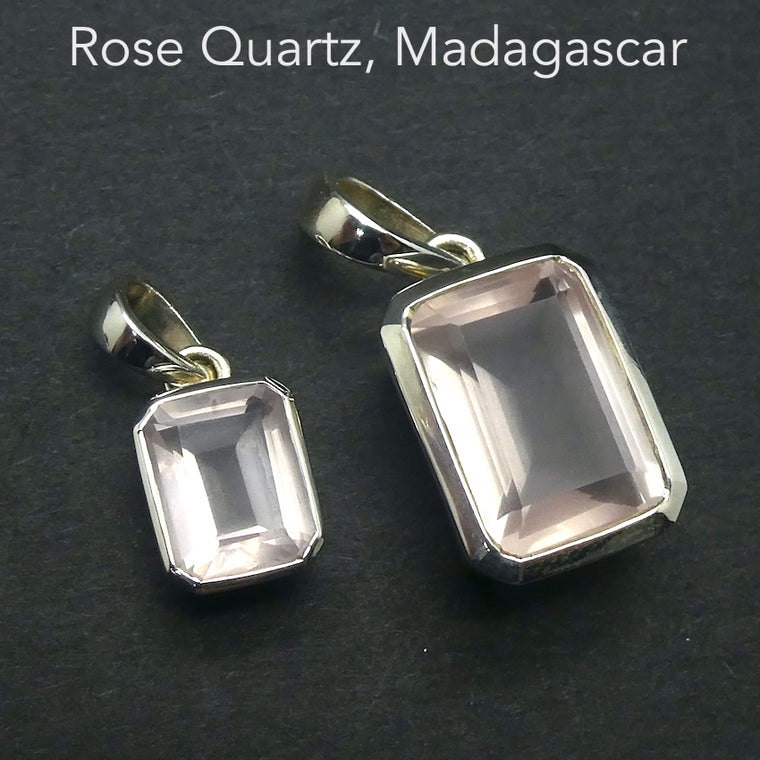 Rose Quartz Pendant, AA Grade Emerald Cut, 925 Sterling Silver