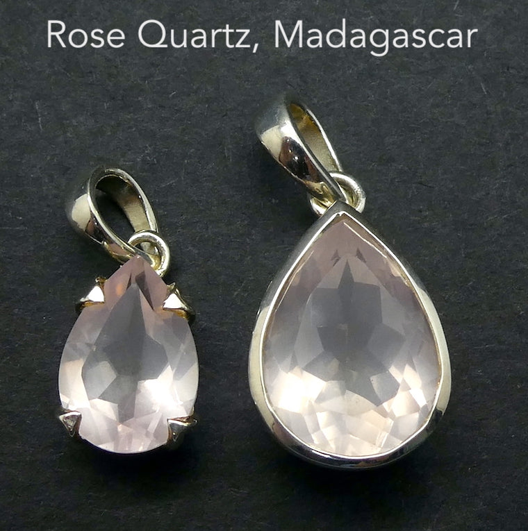 Rose Quartz Pendant, AA Grade Teardrop Cut, 925 Sterling Silver
