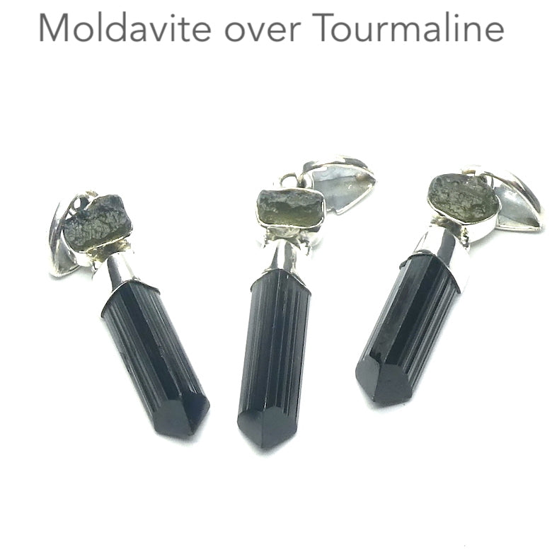 Moldavite over Black Tourmaline Pendant | Raw Stones | Clean Tourmaline Crystal, polished point only | 925 Sterling Silver Cap | Empowers and unblocks the physical | protection from negative energies | Genuine Gems from Crystal Heart Melbourne Australia since 1986 