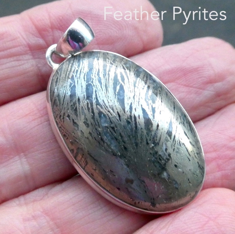 Feather Pyrites Pendant, Large Oval, 925 Sterling Silver, r1