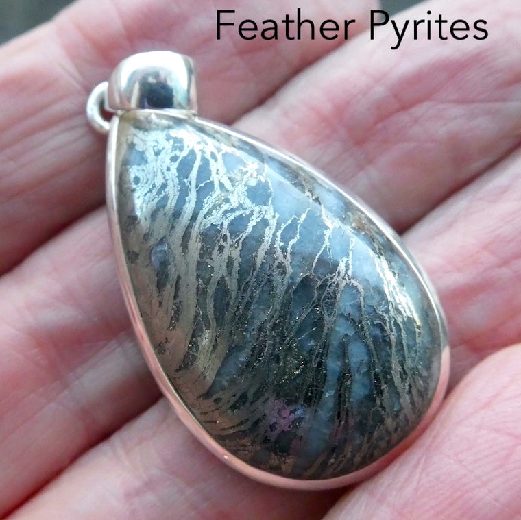 Feather Pyrites Pendant, Large Teardrop, 925 Sterling Silver, r2