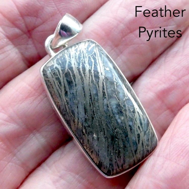 Feather Pyrites Pendant, Long Oblong, 925 Sterling Silver, r3
