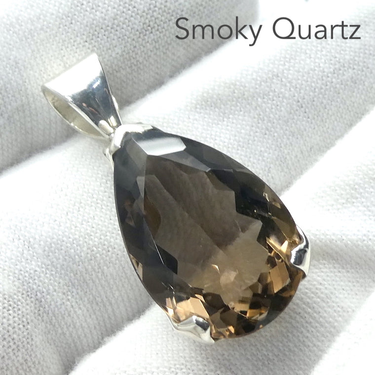 Smoky Quartz Pendant, Faceted Teardrop, 925 Sterling Silver