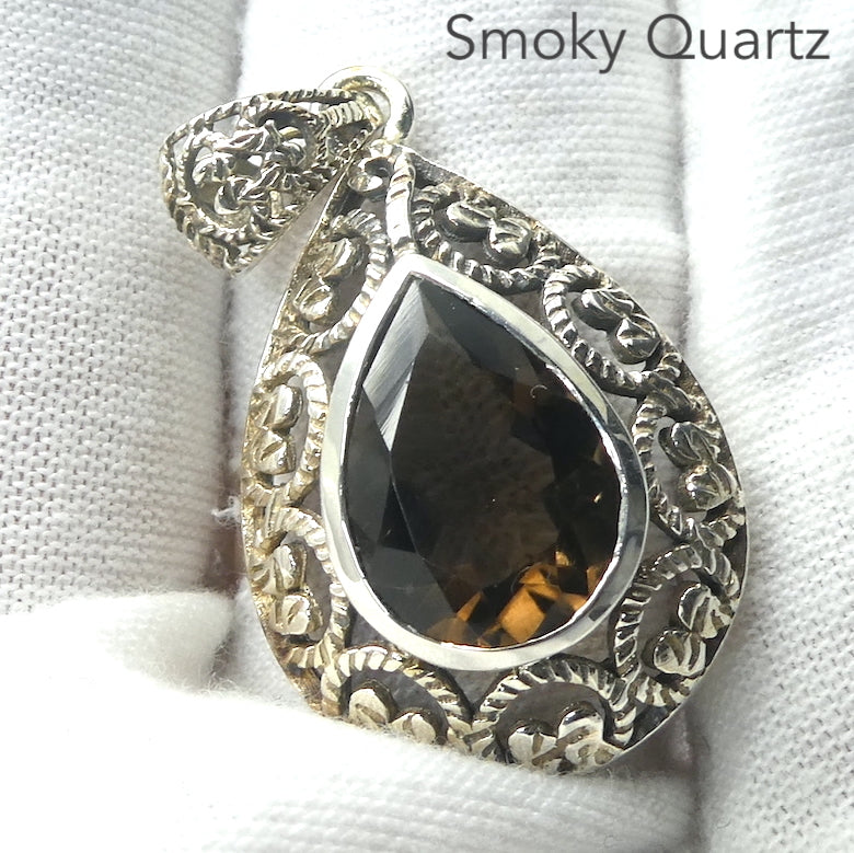 Pendant Smoky Quartz  | Mellow | Faceted Teardrop | 925 Sterling Silver | Wide detailed silver border | Antique look | Base Chakra | Physical and emotional harmony and balance | Sagittarius Capricorn stone | Genuine Gems from Crystal Heart Melbourne Australia since 1986
