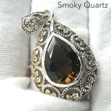 Load image into Gallery viewer, Pendant Smoky Quartz  | Mellow | Faceted Teardrop | 925 Sterling Silver | Wide detailed silver border | Antique look | Base Chakra | Physical and emotional harmony and balance | Sagittarius Capricorn stone | Genuine Gems from Crystal Heart Melbourne Australia since 1986