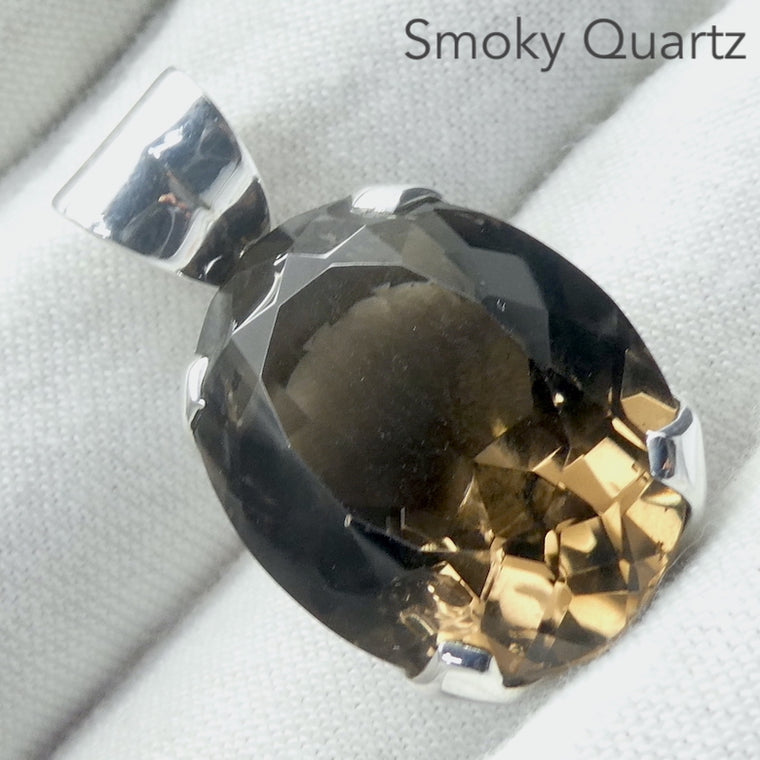 Smoky Quartz Pendant, Faceted Oval, 925 Sterling Silver