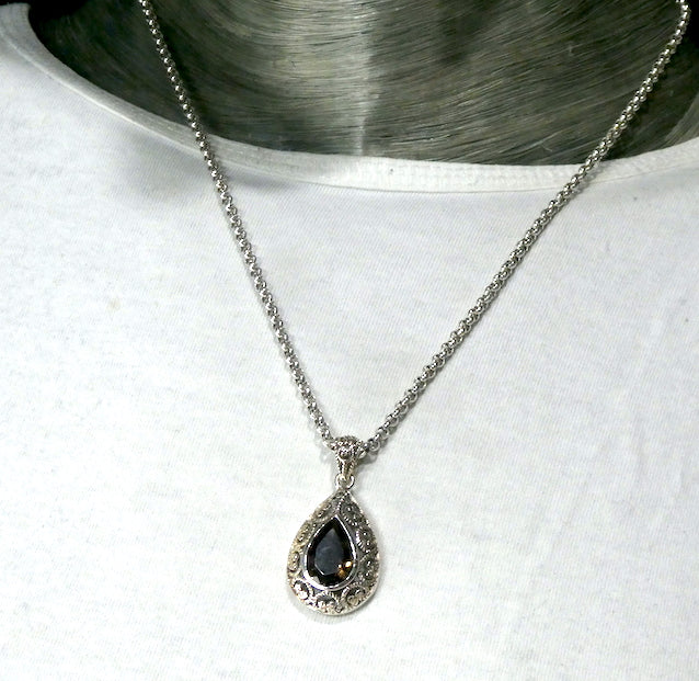 Pendant Smoky Quartz  | Mellow | Faceted Teardrop | 925 Sterling Silver | Wide detailed silver border | Antique look | Base Chakra | Physical and emotional harmony and balance | Sagittarius Capricorn stone | Genuine Gems from Crystal Heart Melbourne Australia since 1986