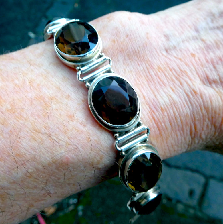 Smoky Quartz Bracelet | Large Faceted Ovals and Teardrops | Sturdy stepped bezel settings | Toggle Clasp | 925 Sterling Silver | 160 - 175 mm | Grounding | Emotionally Healing | Spiritual Empowerment | Genuine Gems from Crystal Heart Melbourne Australia since 1986