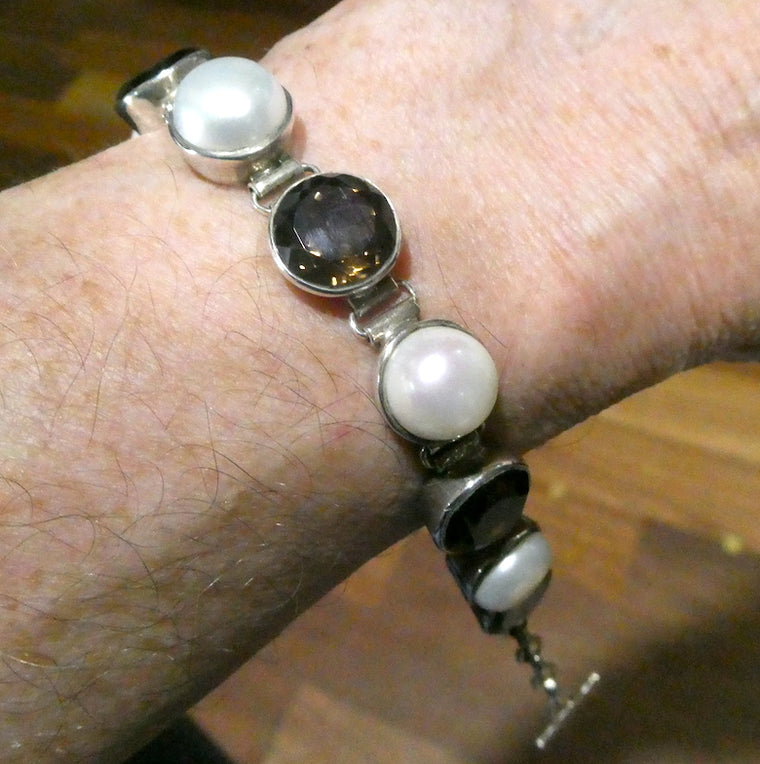 Smoky Quartz Bracelet with Large Freshwater Pearls, 925 Silver