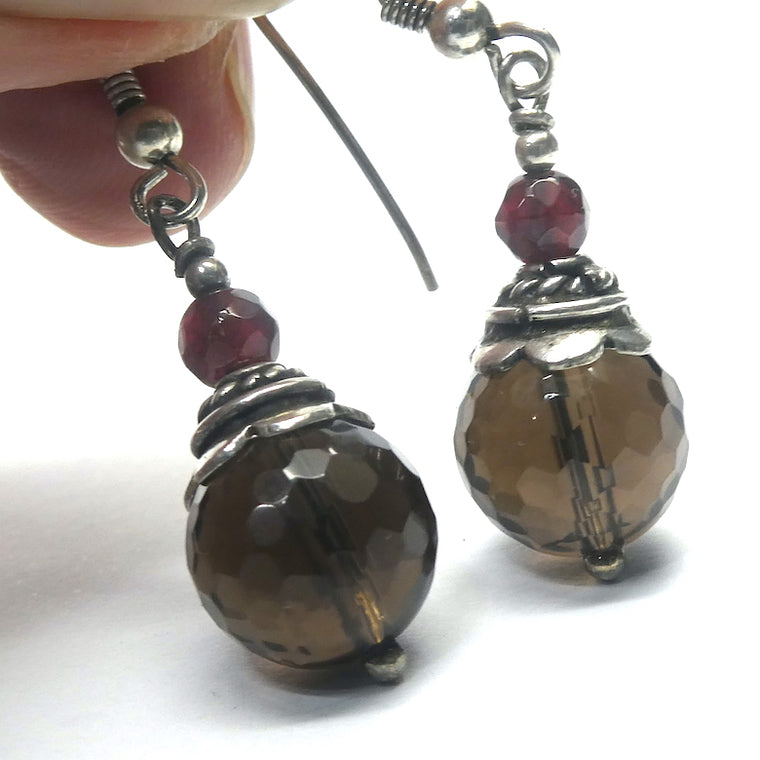 Smoky Quartz Earrings with Garnet, 925 Sterling Silver