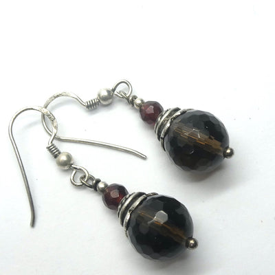Smoky Quartz Earrings | 10 mm Faceted Bead | Ruby Red Garnet | 925 Sterling Silver Hooks and Findings | Grounding | Emotionally Healing | Spiritual Empowerment | Genuine Gems from Crystal Heart Melbourne Australia since 1986 | Aka Cairngorm Stone or Morion