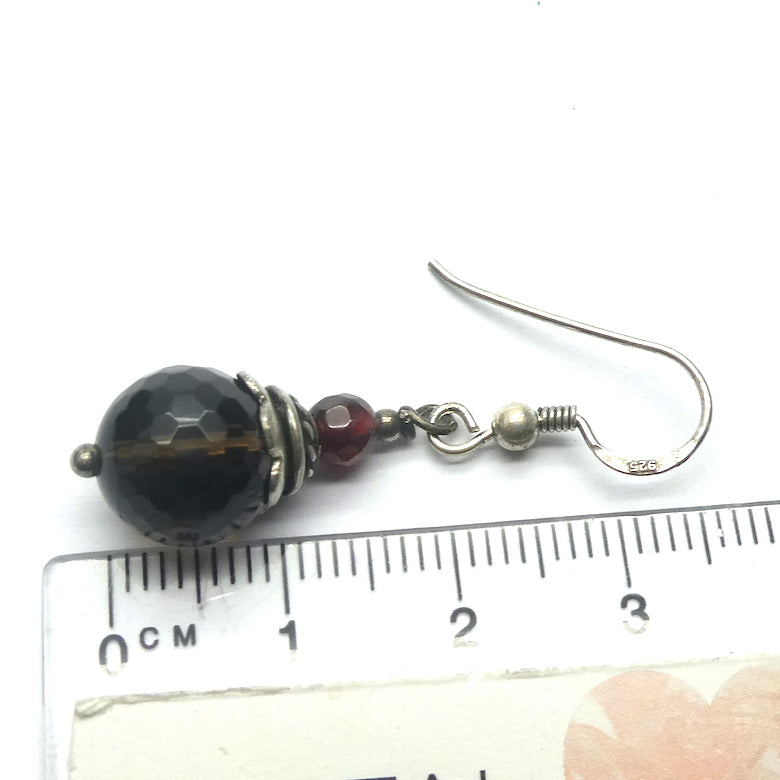 Smoky Quartz Earrings | 10 mm Faceted Bead | Ruby Red Garnet | 925 Sterling Silver Hooks and Findings | Grounding | Emotionally Healing | Spiritual Empowerment | Genuine Gems from Crystal Heart Melbourne Australia since 1986 | Aka Cairngorm Stone or Morion