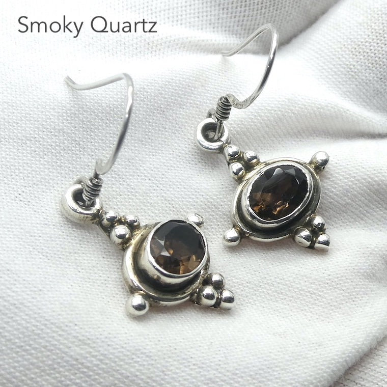 Smoky Quartz Earrings, Faceted Ovals with 925 Sterling Silver Spheres