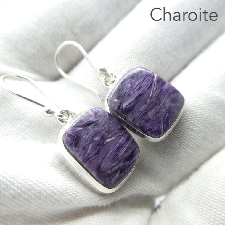 Charoite Earrings, Oblong Cabochons, 925 Sterling Silver