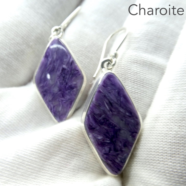 Charoite Earrings, Diamond Cabochons, 925 Sterling Silver