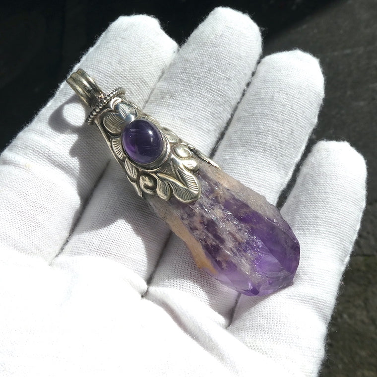 Amethyst Pendant, Large Raw Crystal Point, German Silver