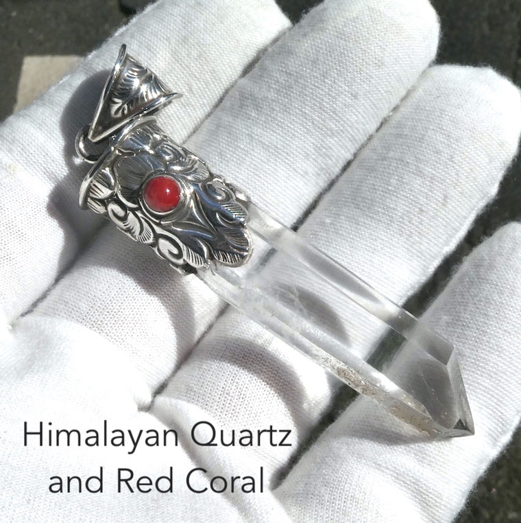 Himalayan Quartz Crystal Pendant with Red Coral, 925 Sterling Silver